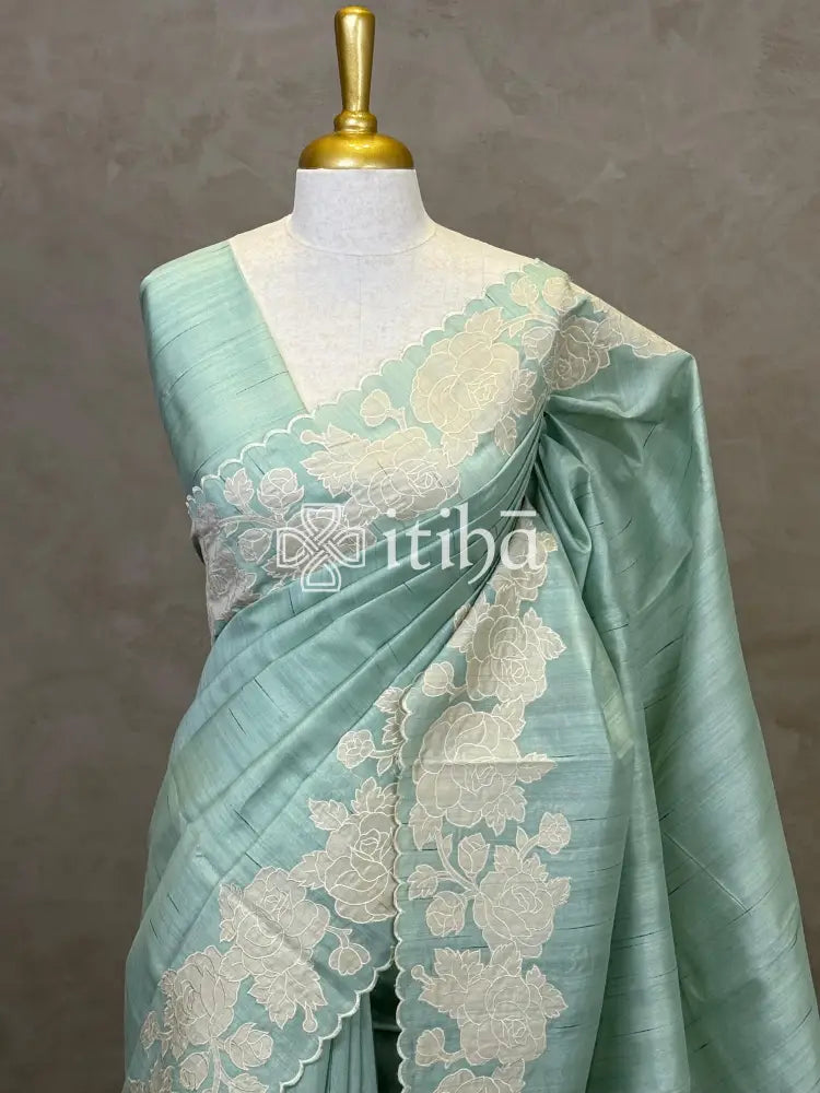 SEMI TUSSAR APPLIQUE EMBROIDERY SAREE