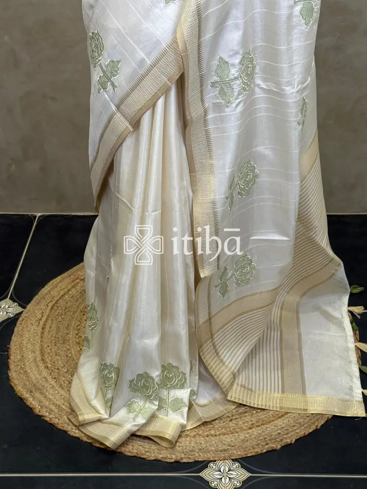 SEMI TUSSAR APPLIQUE EMBROIDERY SAREE