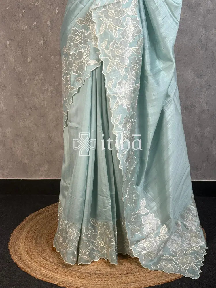 SEMI TUSSAR APPLIQUE EMBROIDERY SAREE