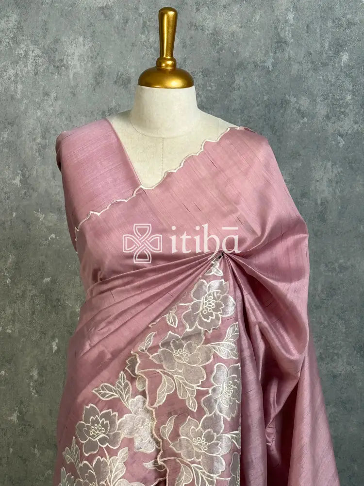 SEMI TUSSAR APPLIQUE EMBROIDERY SAREE