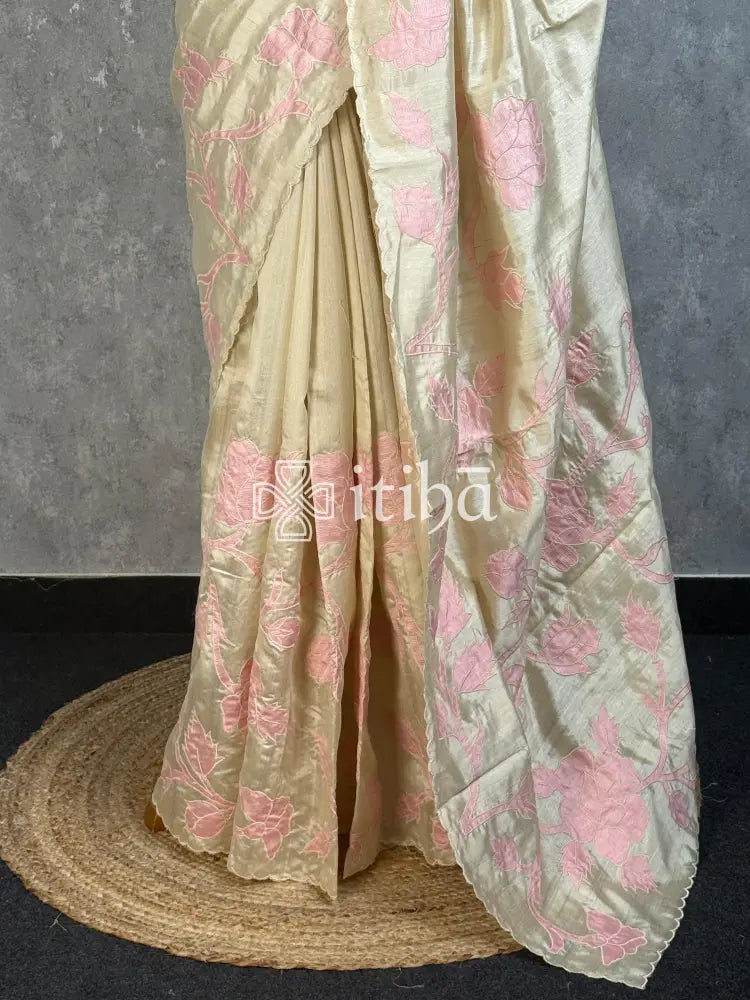 SEMI TUSSAR APPLIQUE EMBROIDERY SAREE