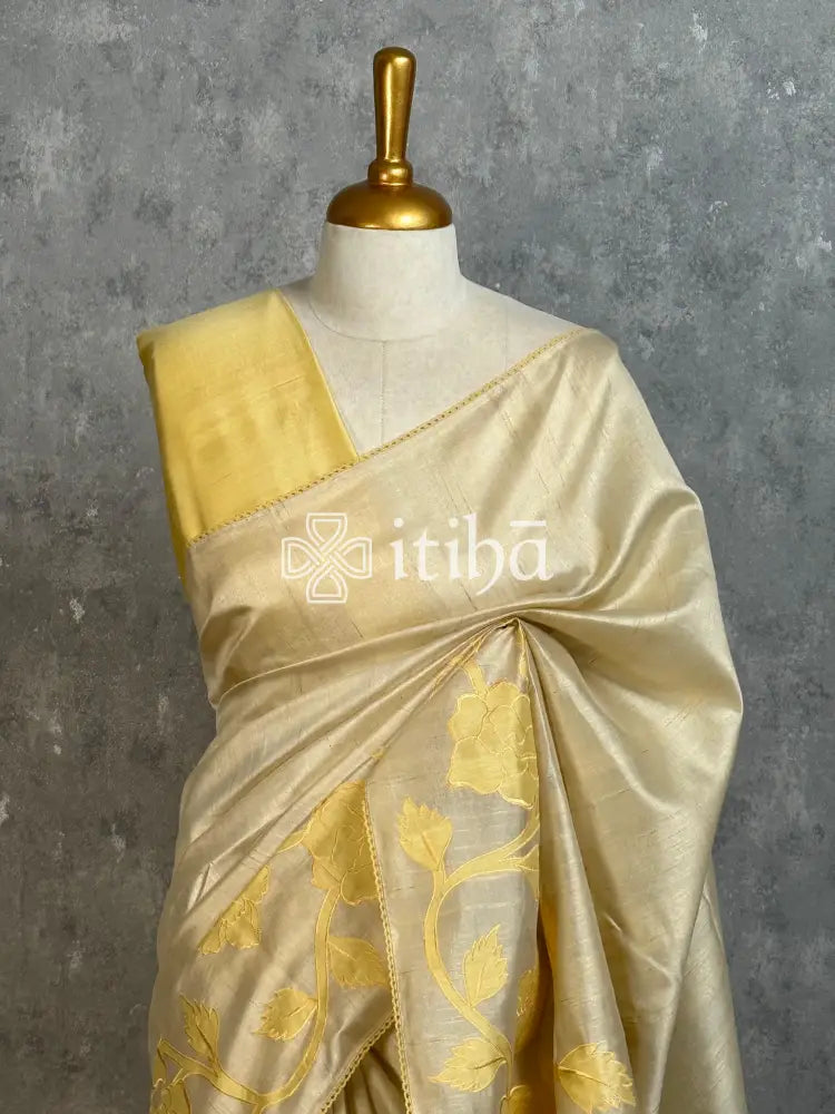 SEMI TUSSAR APPLIQUE EMBROIDERY SAREE