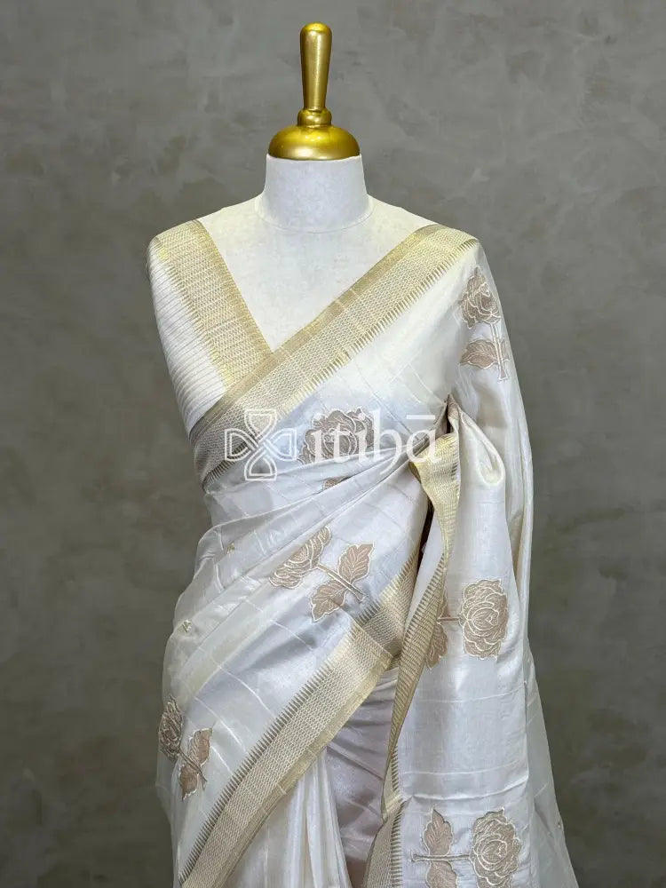 SEMI TUSSAR APPLIQUE EMBROIDERY SAREE