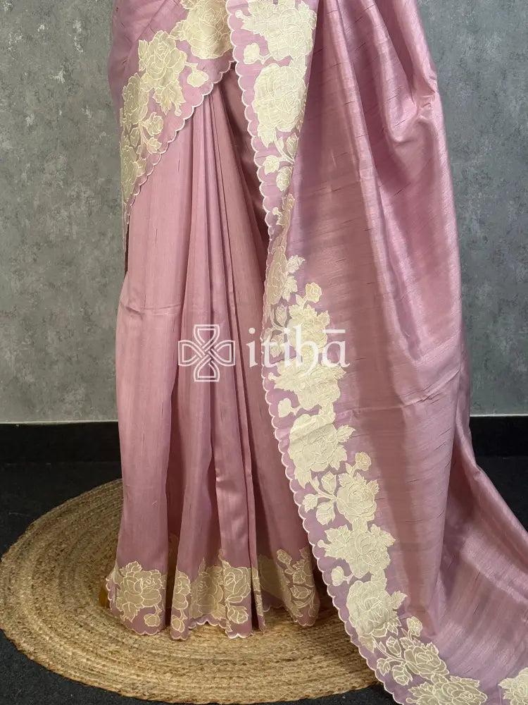 SEMI TUSSAR APPLIQUE EMBROIDERY SAREE