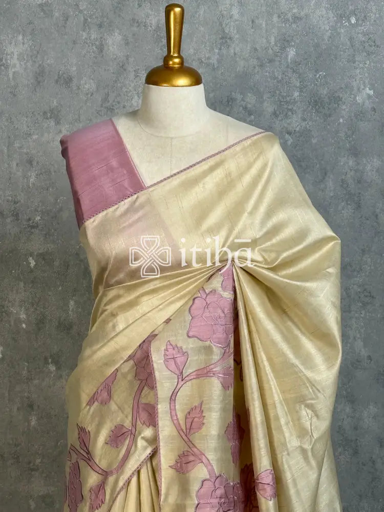 SEMI TUSSAR APPLIQUE EMBROIDERY SAREE