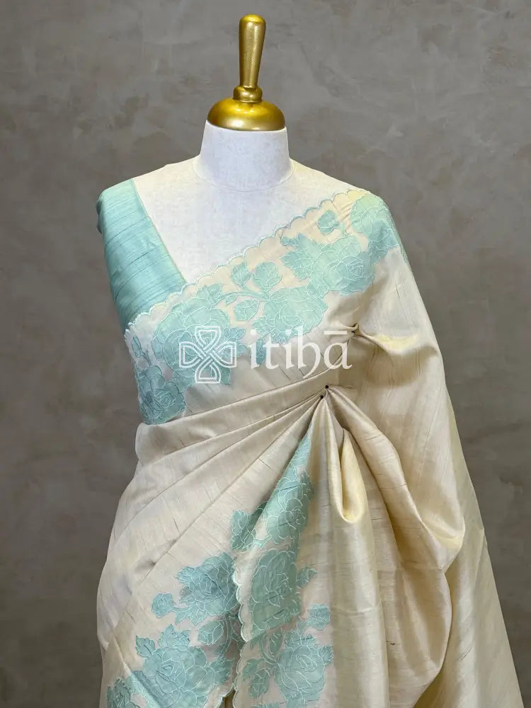 SEMI TUSSAR APPLIQUE EMBROIDERY SAREE