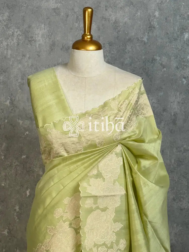 SEMI TUSSAR APPLIQUE EMBROIDERY SAREE