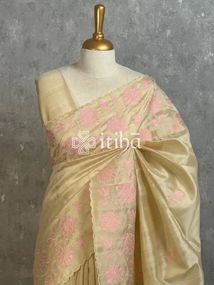 SEMI TUSSAR APPLIQUE EMBROIDERY SAREE