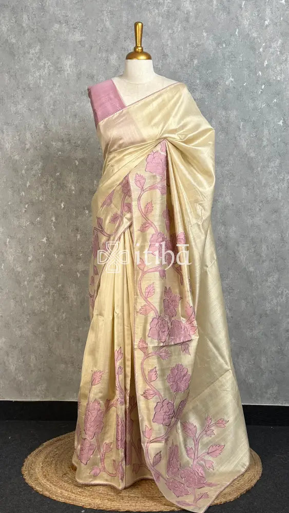 SEMI TUSSAR APPLIQUE EMBROIDERY SAREE - dusty mauve