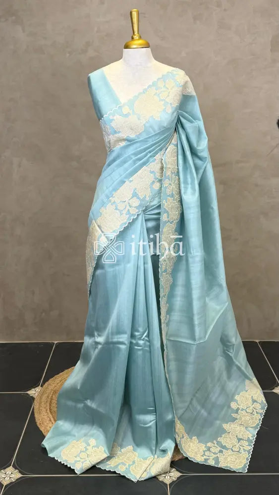 SEMI TUSSAR APPLIQUE EMBROIDERY SAREE - LIGHT BLUE