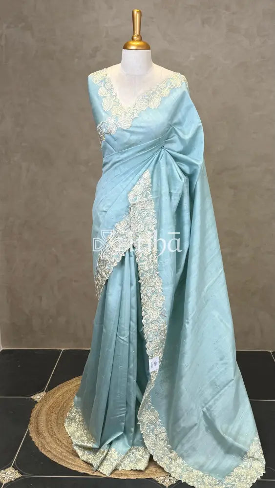 SEMI TUSSAR APPLIQUE EMBROIDERY SAREE - LIGHT BLUE