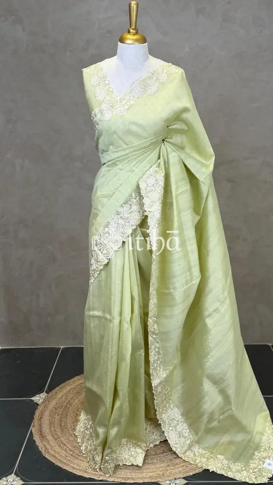 SEMI TUSSAR APPLIQUE EMBROIDERY SAREE - LIGHT GREEN