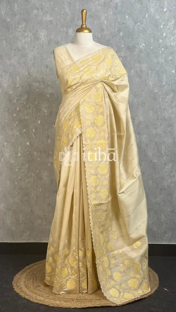 SEMI TUSSAR APPLIQUE EMBROIDERY SAREE - LIGHT YELLOW