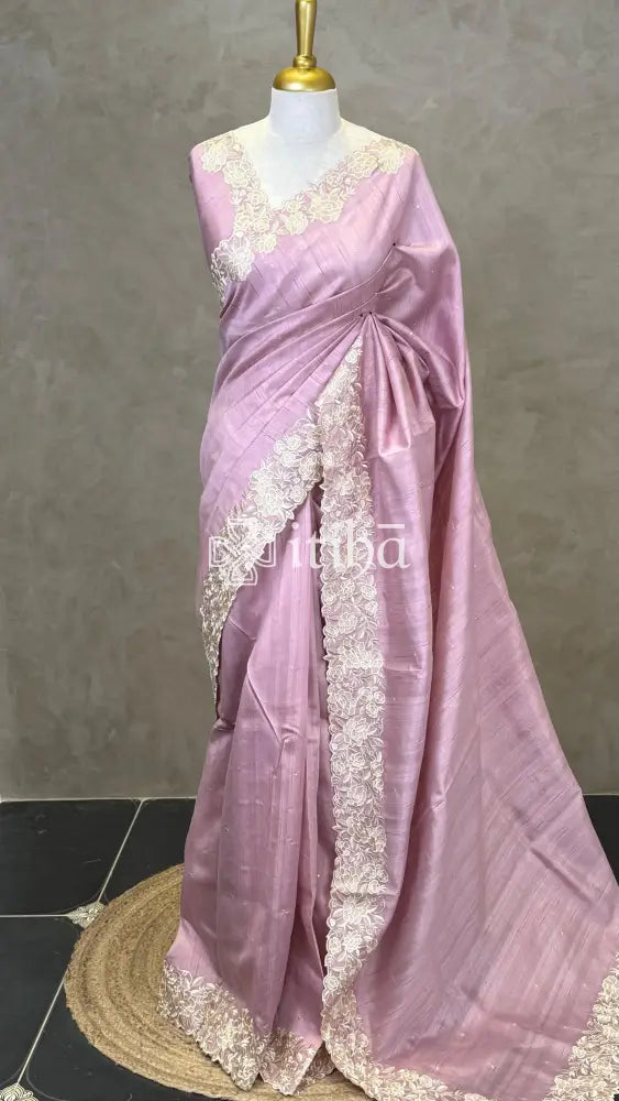 SEMI TUSSAR APPLIQUE EMBROIDERY SAREE - LILAC