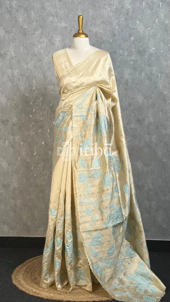 SEMI TUSSAR APPLIQUE EMBROIDERY SAREE - PASTEL BLUE