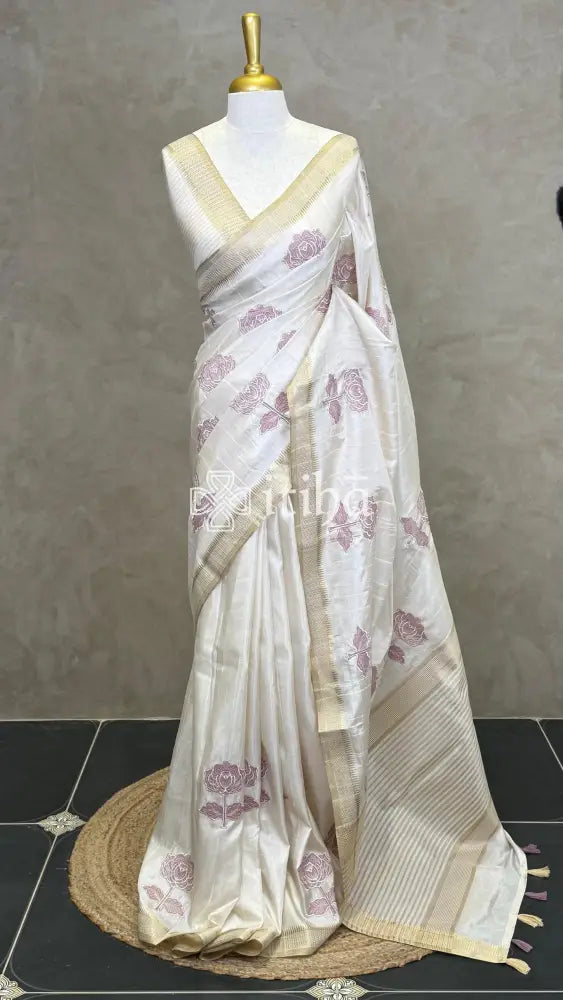SEMI TUSSAR APPLIQUE EMBROIDERY SAREE
