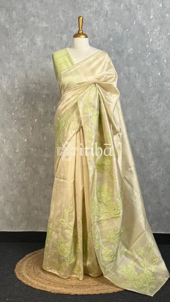 SEMI TUSSAR APPLIQUE EMBROIDERY SAREE - PASTEL PISTA GREEN