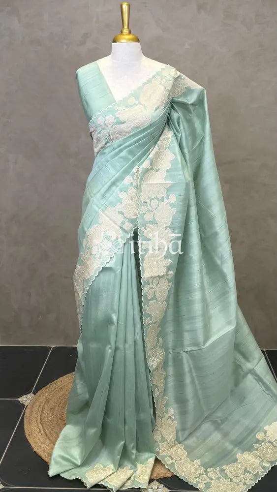 SEMI TUSSAR APPLIQUE EMBROIDERY SAREE - PASTEL SAGE GREEN