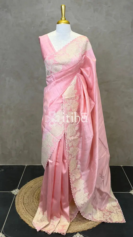 SEMI TUSSAR APPLIQUE EMBROIDERY SAREE - PEACH