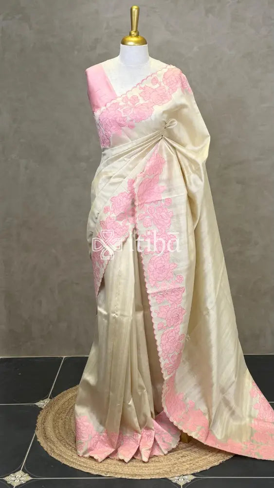 SEMI TUSSAR APPLIQUE EMBROIDERY SAREE - PEACH PINK