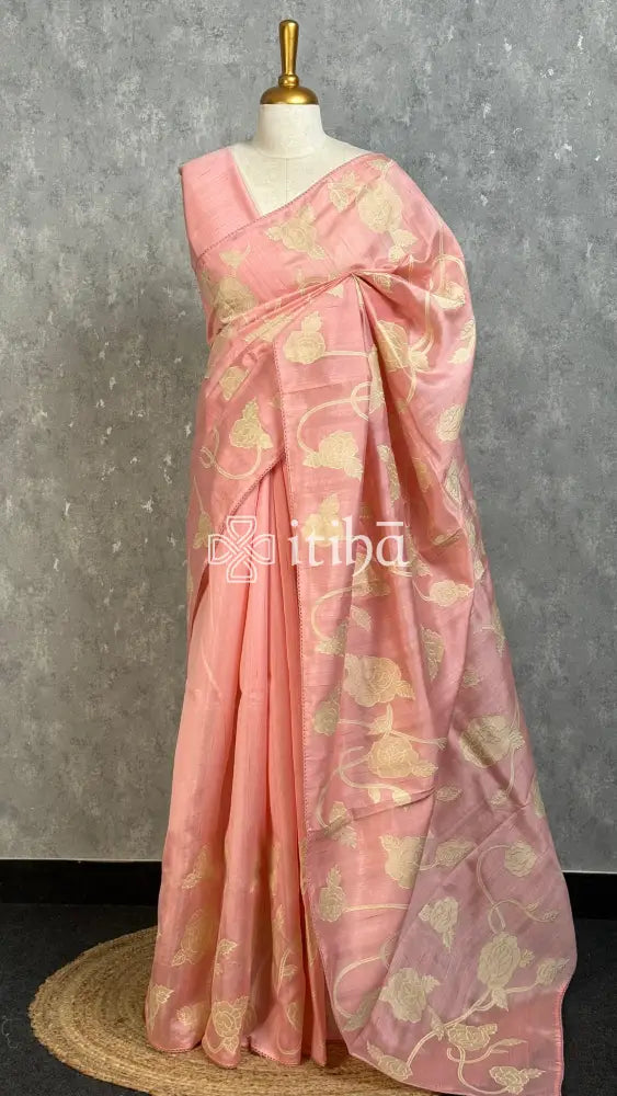 SEMI TUSSAR APPLIQUE EMBROIDERY SAREE - PEACH PINK