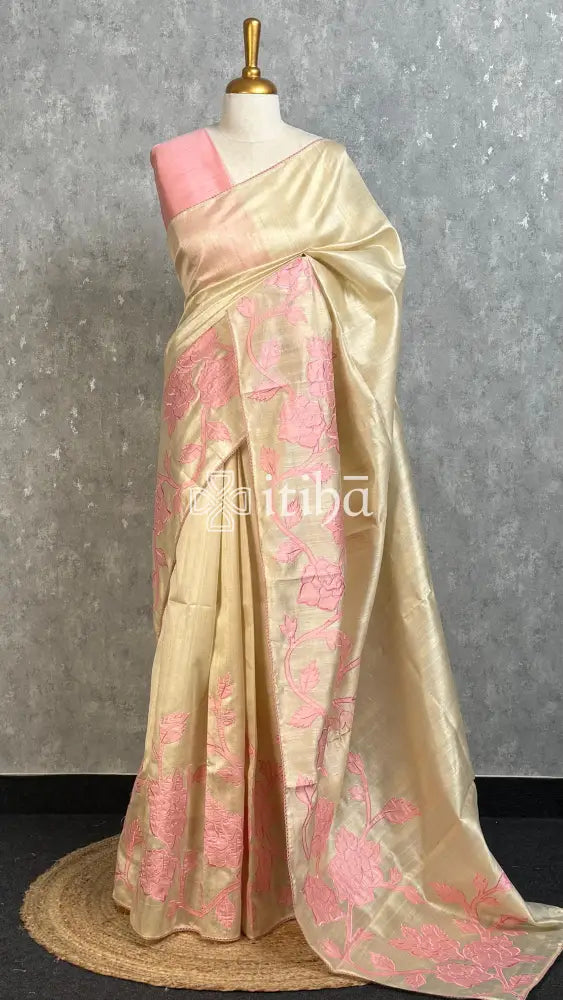 SEMI TUSSAR APPLIQUE EMBROIDERY SAREE - PEACH PINK