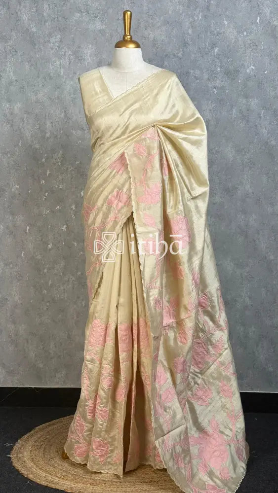 SEMI TUSSAR APPLIQUE EMBROIDERY SAREE - PEACH PINK