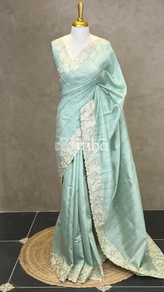 SEMI TUSSAR APPLIQUE EMBROIDERY SAREE - SAGE MINT