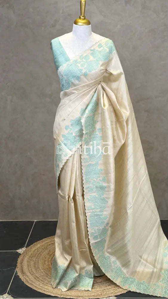 SEMI TUSSAR APPLIQUE EMBROIDERY SAREE - SAGE MINT
