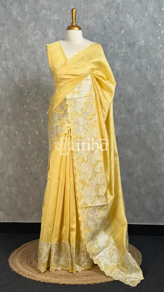 SEMI TUSSAR APPLIQUE EMBROIDERY SAREE - Yellow