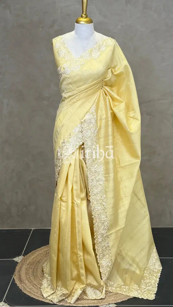 SEMI TUSSAR APPLIQUE EMBROIDERY SAREE - Yellow