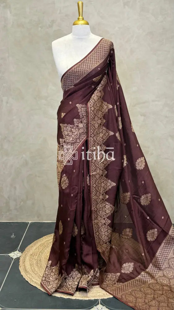 SEMI TUSSAR BANARASI SAREE - DARK BROWN
