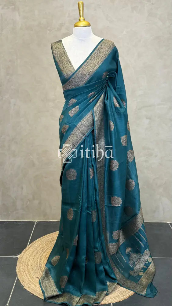 SEMI TUSSAR BANARASI SAREE - PEACOCK BLUE