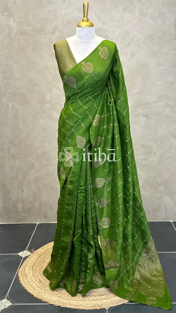 SEMI TUSSAR BHANDHINI BANARASI SAREE - Green