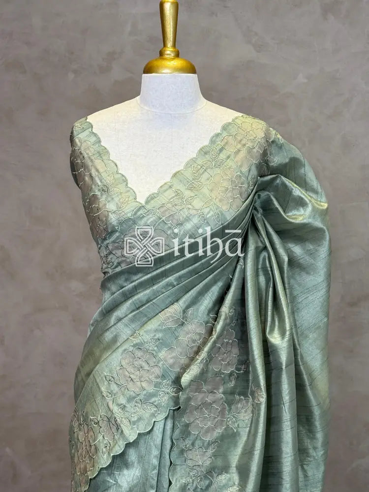SEMI TUSSAR CUT WORK EMBROIDERY SAREE