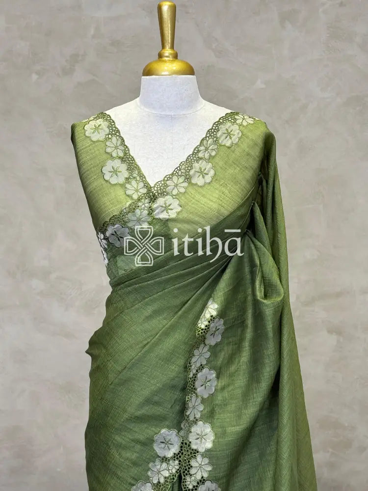 SEMI TUSSAR CUT WORK EMBROIDERY SAREE