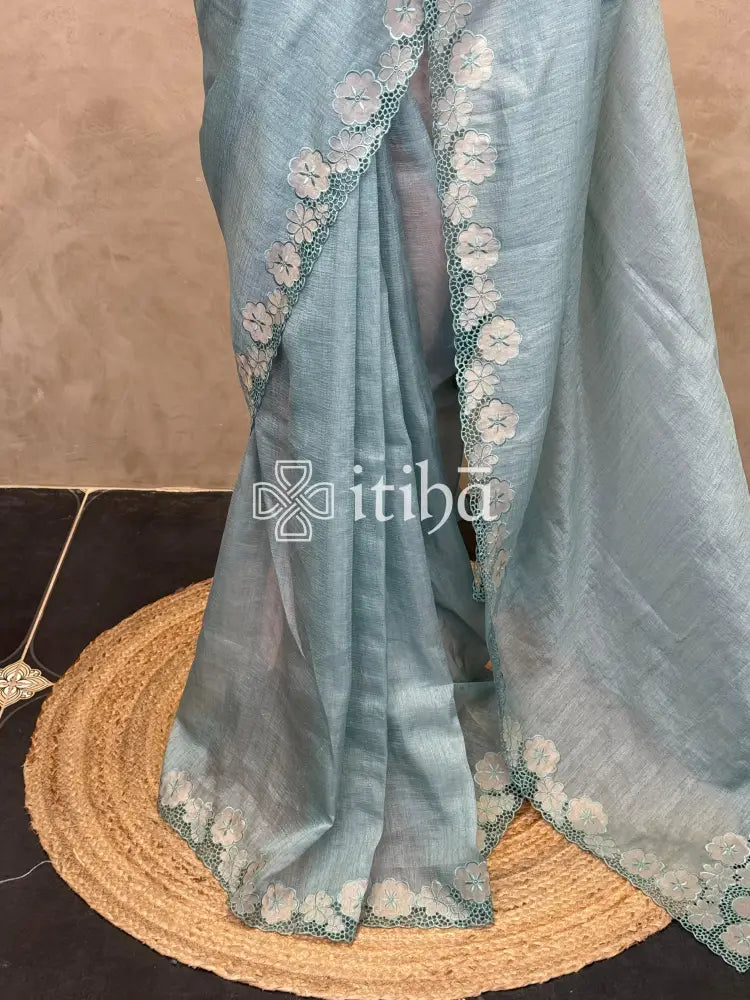 SEMI TUSSAR CUT WORK EMBROIDERY SAREE