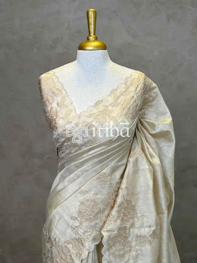 SEMI TUSSAR CUT WORK EMBROIDERY SAREE