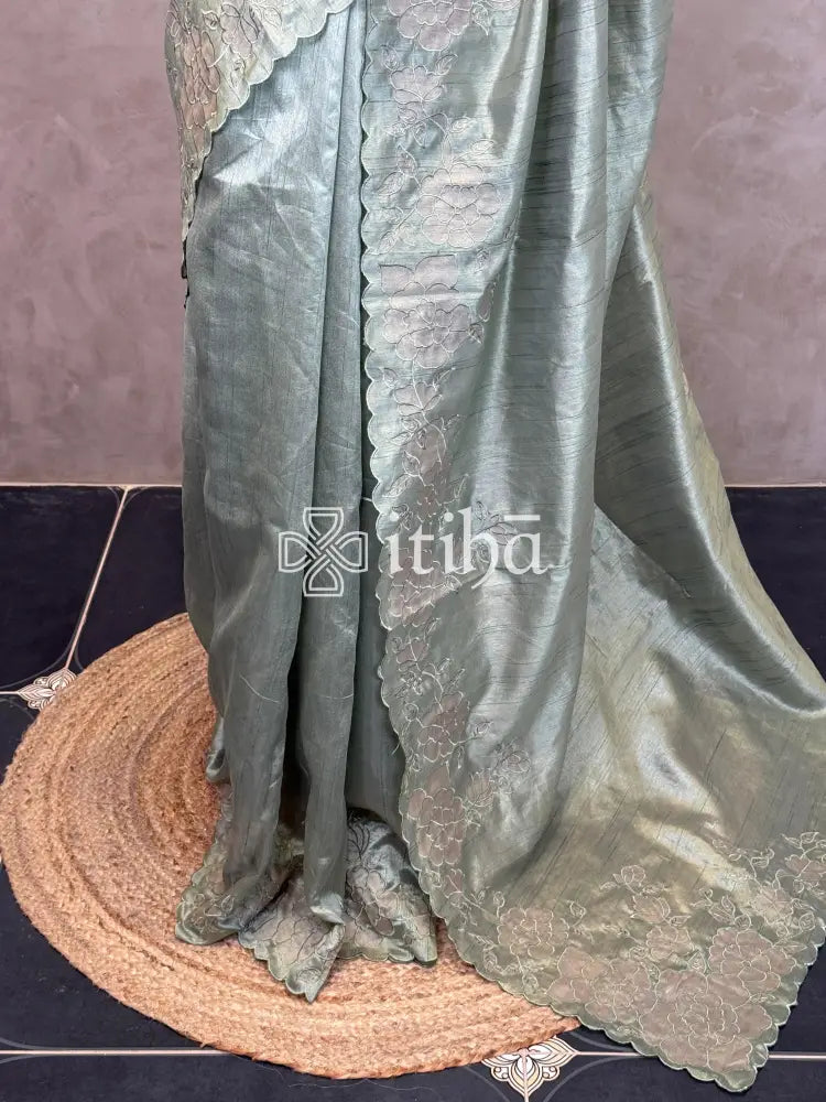 SEMI TUSSAR CUT WORK EMBROIDERY SAREE