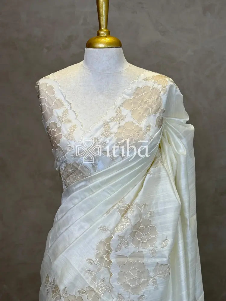 SEMI TUSSAR CUT WORK EMBROIDERY SAREE
