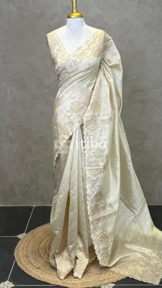 SEMI TUSSAR CUT WORK EMBROIDERY SAREE - Beige
