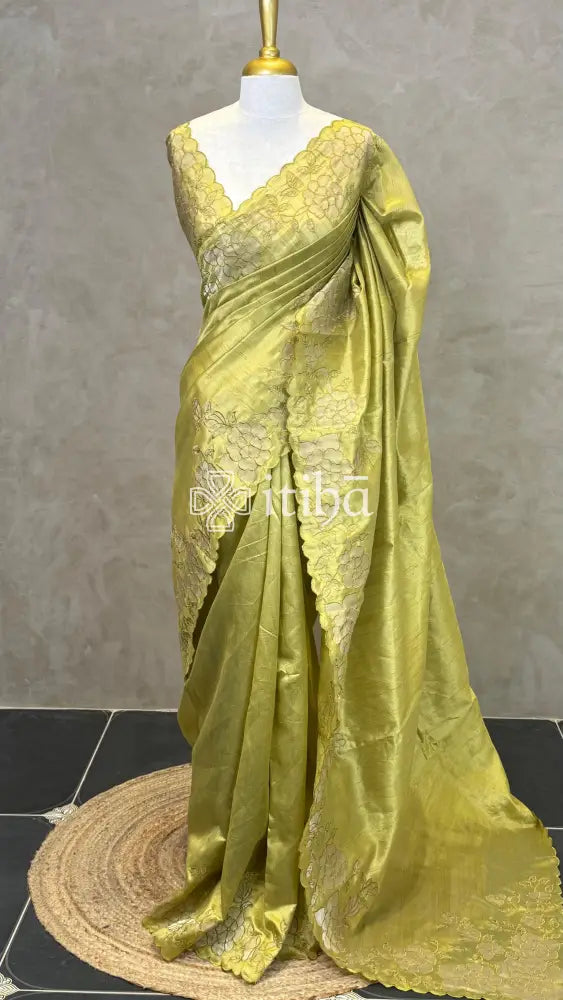SEMI TUSSAR CUT WORK EMBROIDERY SAREE - olive green
