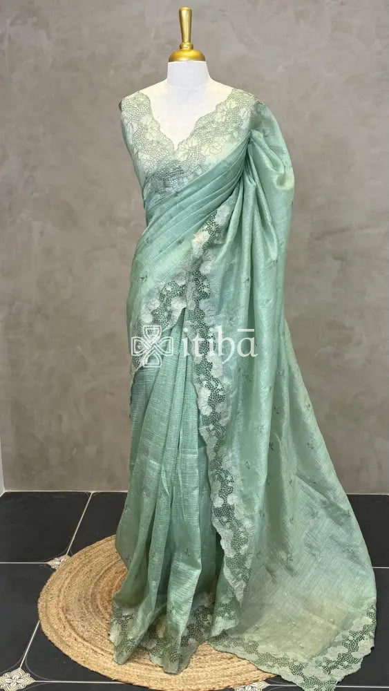 SEMI TUSSAR CUT WORK EMBROIDERY SAREE - SAGE GREEN