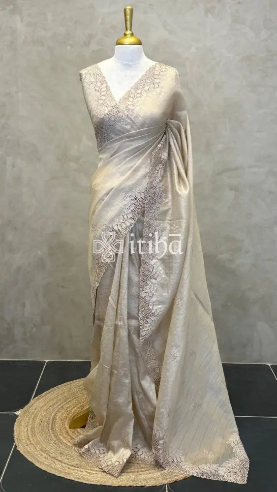 SEMI TUSSAR CUTWORK SAREE - Beige