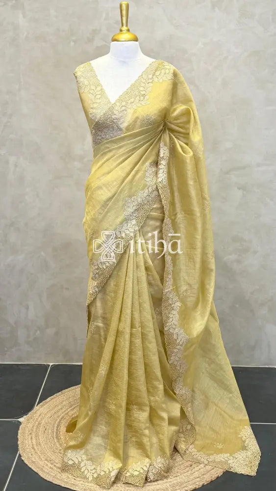 SEMI TUSSAR CUTWORK SAREE - mustard yellow