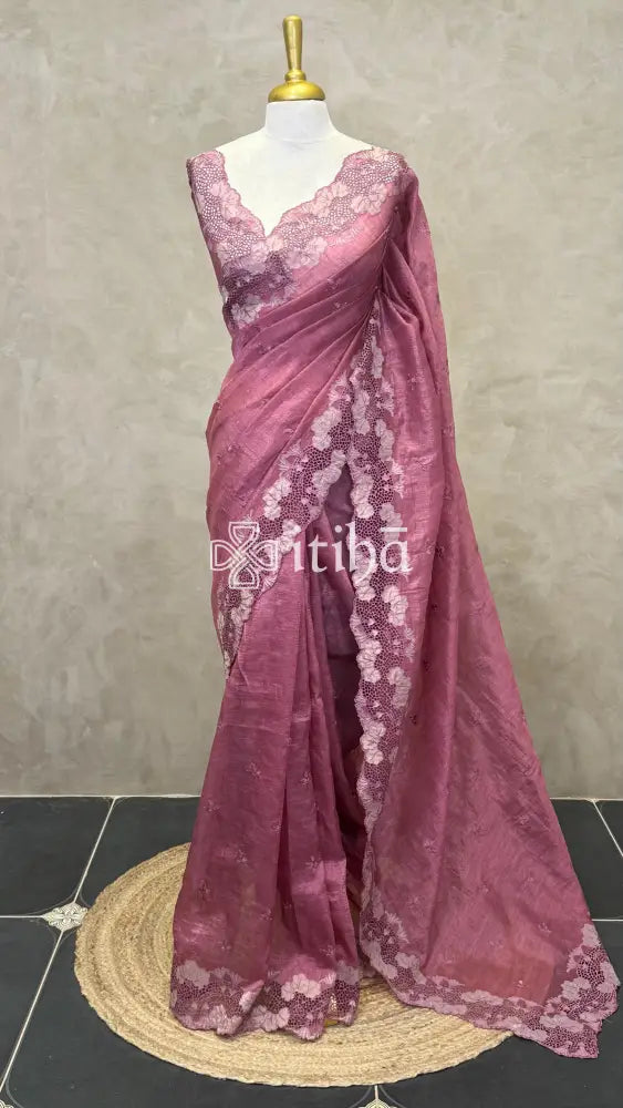 SEMI TUSSAR CUTWORK SAREE - PASTEL PINK