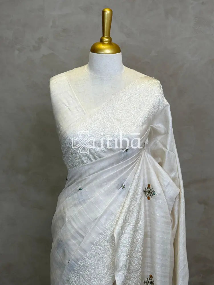 SEMI TUSSAR EMBROIDERY SAREE - olive green