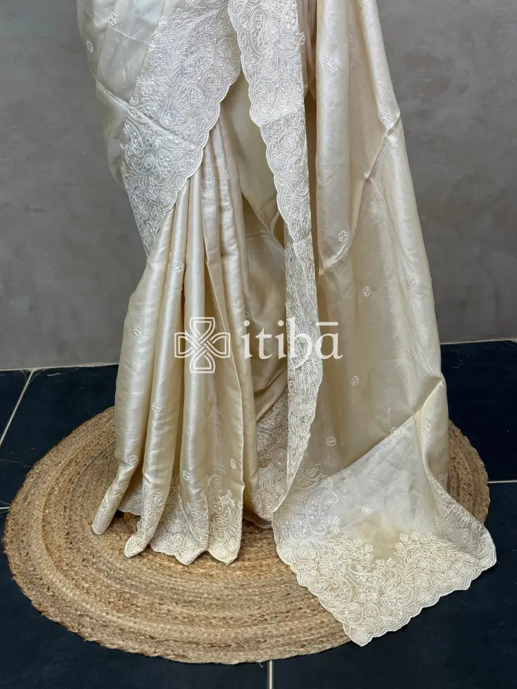 SEMI TUSSAR EMBROIDERY SAREE - Beige