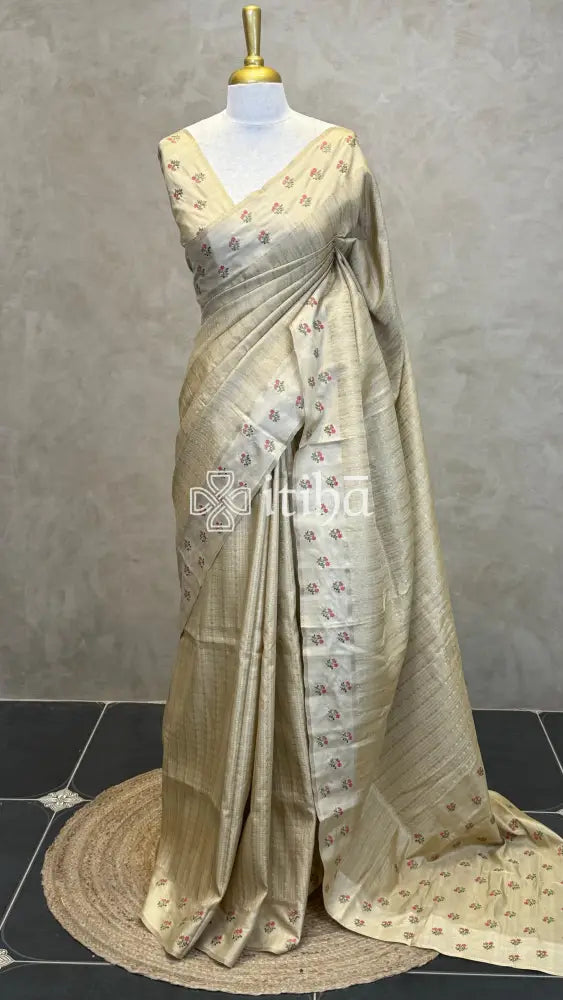 SEMI TUSSAR EMBROIDERY SAREE - Beige