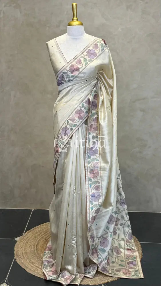 SEMI TUSSAR EMBROIDERY SAREE - Brown